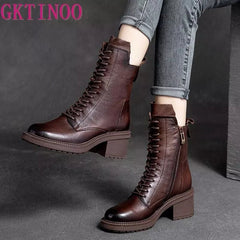Ankle Boots Women Genuine Leather Square Heel Lace-Up Zipper Warm Casual Autumn Winter Shoes
