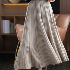 Women's Cashmere A-Line Skirt Pleated Knit Long Skirt 100%Wool Large Size High Waist Shirring Skirt