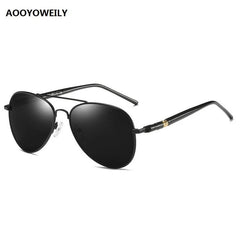 Black sunglasses with gold accents on a white background, branded 'AOOYOWEILY'.