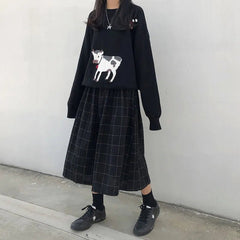 High Waist A-Line Skirt Women Dark Academia Japanese Style Long Pleated Elastic Casual Fashion