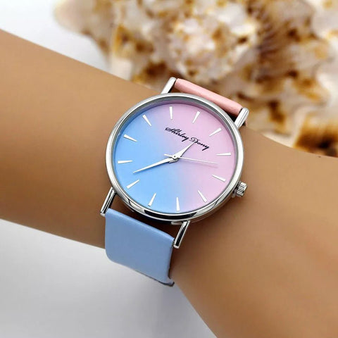 Watch Women Casual Gradient Color PU Leather Band Luxury Trendy Quartz Ladies Wristwatch Fashion
