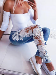 Floral Embroidered Lace Skinny Jeans Women Elegant Denim Pencil Casual Fashion Trousers
