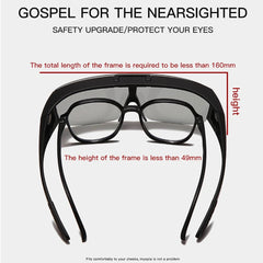Black eyeglasses with measurement details on a white background