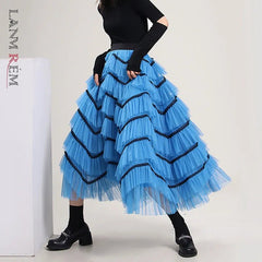 Maxi Skirt Women Blue Ruffle Layered Lace Cake Mesh High Waist Fluffy Dance Party Fashion Skirt