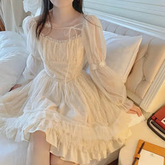 Long Sleeve Mini Dress Women French Fairy Bandage Chiffon Lace Casual Vintage Y2K Fashion Dress