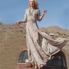 Midi Dress Women Boho Vintage Floral Print Chiffon 3/4 Sleeve V-Neck Slit Summer Hippie Fashion