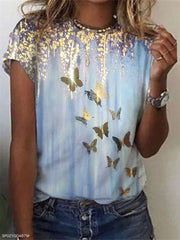 Women's Fashion Loose V-Neck Shirt Casual Print Design T-Shirt Short-Sleeve Top