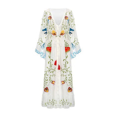 Maxi Dress Women Summer Bohemian Floral Embroidery Tassel Vintage Casual Beach Party Dress