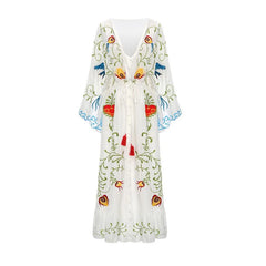 Summer Bohemian Dress Floral Embroidery with Tassel Vintage Maxi Dress