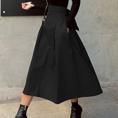 High Waist A-Line Midi Skirt Women Bow Slim Umbrella Elegant Casual Party Fashion Skirt