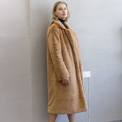 Long Faux Fur Coat Women Elegant Loose Thick Warm Vegan Winter Casual Outerwear Fashion