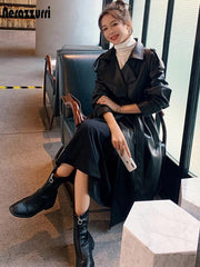 Faux Leather Trench Coat Women Black Oversized Long Waterproof Vegan Casual Chic Outerwear Fashion
