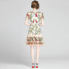 Mini Dress Women Flare Sleeve Floral Embroidery Elegant Mesh Hollow Out Designer Inspired Summer Dress