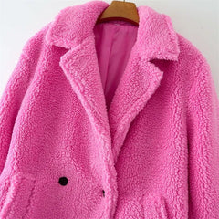 Faux Fur Teddy Coat Women Retro Long Sleeve Thick Warm Casual Winter Outerwear Fashion