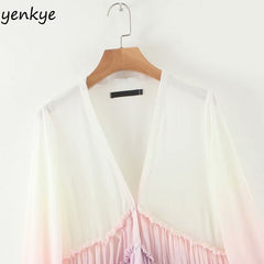 Gradient Printed Chiffon Maxi Dress Women V-Neck Long Sleeve Ruffle Boho A-Line Casual Fashion