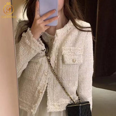 Tweed Jacket Women Chic Vintage Single Breasted Short Designer Inspired Casual Coat Outerwear