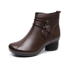 Ankle Boots Women Thick Heel Handmade Genuine Leather Flower Zipper Plush Lining Retro Warm Autumn