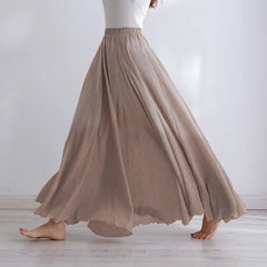 High Waist Maxi Skirt Women Cotton Linen Elastic Pleated A-Line Boho Casual Fashion Skirt