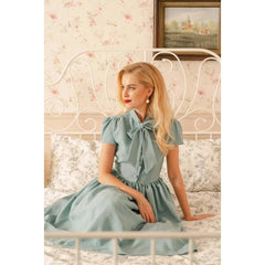 Midi Dress Women Plus Size Pleated Vintage Bow Tie Neck Button Belted 50s 60s Rockabilly Summer Style