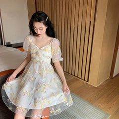 Puff Sleeve Lace Chiffon Midi Dress Women French Fairy Daisy Sage Elegant Casual Summer Fashion