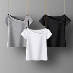 Blouse Women Short Sleeve Skew Collar Casual Chic Everyday Spring Summer Fashion Top Shirt