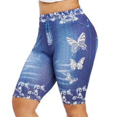 Butterfly Print Faux Denim Yoga Shorts Women Short Leggings Running Tights Casual Fashion