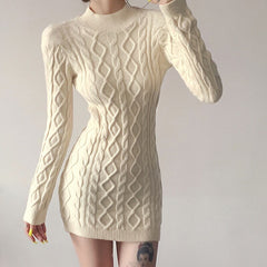 Turtleneck Backless Knit Mini Dress Women Soft Bodycon Stretch Casual Elegant Fashion Dress
