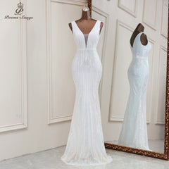 Deep V-Neck Sequin Mermaid Dress Women Elegant Evening Gown Wedding Guest Prom Party Fashion