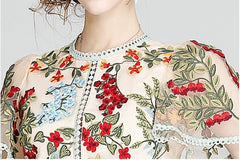 Mini Dress Women Flare Sleeve Floral Embroidery Elegant Mesh Hollow Out Designer Inspired Summer Dress