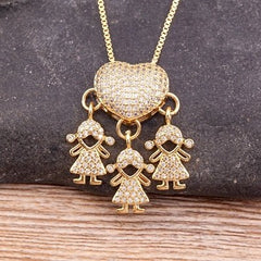Heart Pendant Necklace Women Gold Cubic Zirconia Family Mother Daughter Son Jewelry Gift
