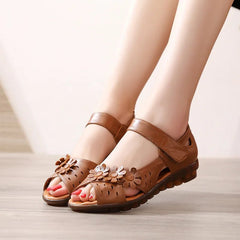 Sandals Women Genuine Leather Peep Toe Low Heel Hook Loop Soft Comfortable Flat Walking Summer Shoes