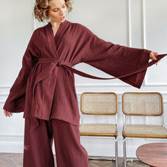 Kimono Pajama Set Women Cotton Long Drop Sleeve Flared Casual Loungewear Sleepwear Fashion