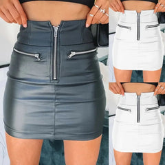 Mini Skirt Women Faux Leather Front Zipper High Waist Pencil Bodycon Club Party Fashion Skirt