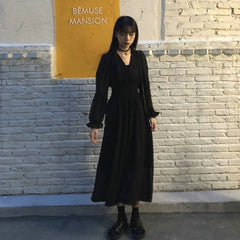 Puff Long Sleeve Midi Dress Women Elegant V-Neck Streetwear Party Casual Fashion Dress