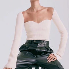 Sweater Women White Side Split Knitted Square Collar Long Sleeve Off Shoulder Casual Fashion Top