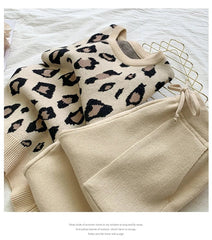 Pant Set Women 2-Piece Designer Knit Leopard Pullover Sweater Elastic Waist Sweat Pants Leisure Outfit