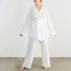 Kimono Pajama Set Women Cotton Long Drop Sleeve Flared Casual Loungewear Sleepwear Fashion