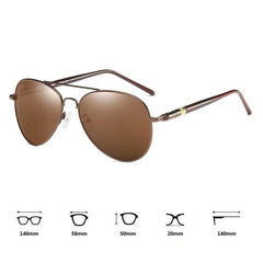 Brown sunglasses with size measurements on a white background