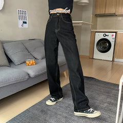 Jeans Women Vintage Black High Waist Wide Leg Straight Baggy Streetwear Fashion Denim Trousers