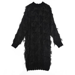 Long Sleeve Maxi Dress Women Stand-Up Collar Black Sheer Split Joint Plus Size Casual Fashion