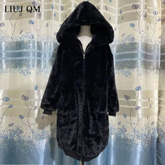 Oversized Faux Fur Parka Women Long Warm Vegan Fur Hooded Winter Casual Outerwear Fashion
