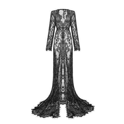 Maxi Dress Women Long Lace Front Split Sheer Transparent Ball Gown Prom Photography Party Dress
