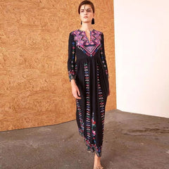 Maxi Dress Women Bohemian Embroidered Pattern V-Neck Holiday Travel Beach Casual Summer Dress