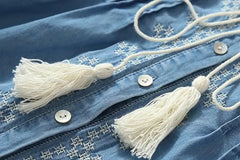 Denim Shirt Dress Women Embroidered Long Sleeve O-Neck Casual Jean Spring Fall Fashion Dress