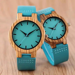 Luxurious Royal Blue Wooden Watch Quartz Wristwatch 100% Natural Bamboo Fashion Leather Band Makes great Gift