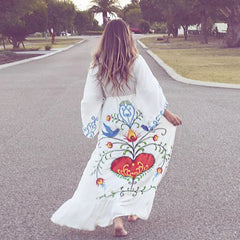 Maxi Dress Women Summer Bohemian Floral Embroidery Tassel Vintage Casual Beach Party Dress