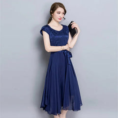 Midi Dress Women V-Neck Short Sleeve Slim Solid Silk Elegant Office Business Evening Spring Summer