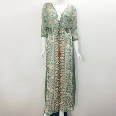 Midi Dress Women Boho Vintage Floral Print Chiffon 3/4 Sleeve V-Neck Slit Summer Hippie Fashion