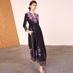 Maxi Dress Women Bohemian Embroidered Pattern V-Neck Holiday Travel Beach Casual Summer Dress