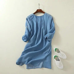 Denim Shirt Dress Women Embroidered Long Sleeve O-Neck Casual Jean Spring Fall Fashion Dress